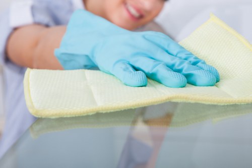 Commercial cleaning team working in a North London office reception area